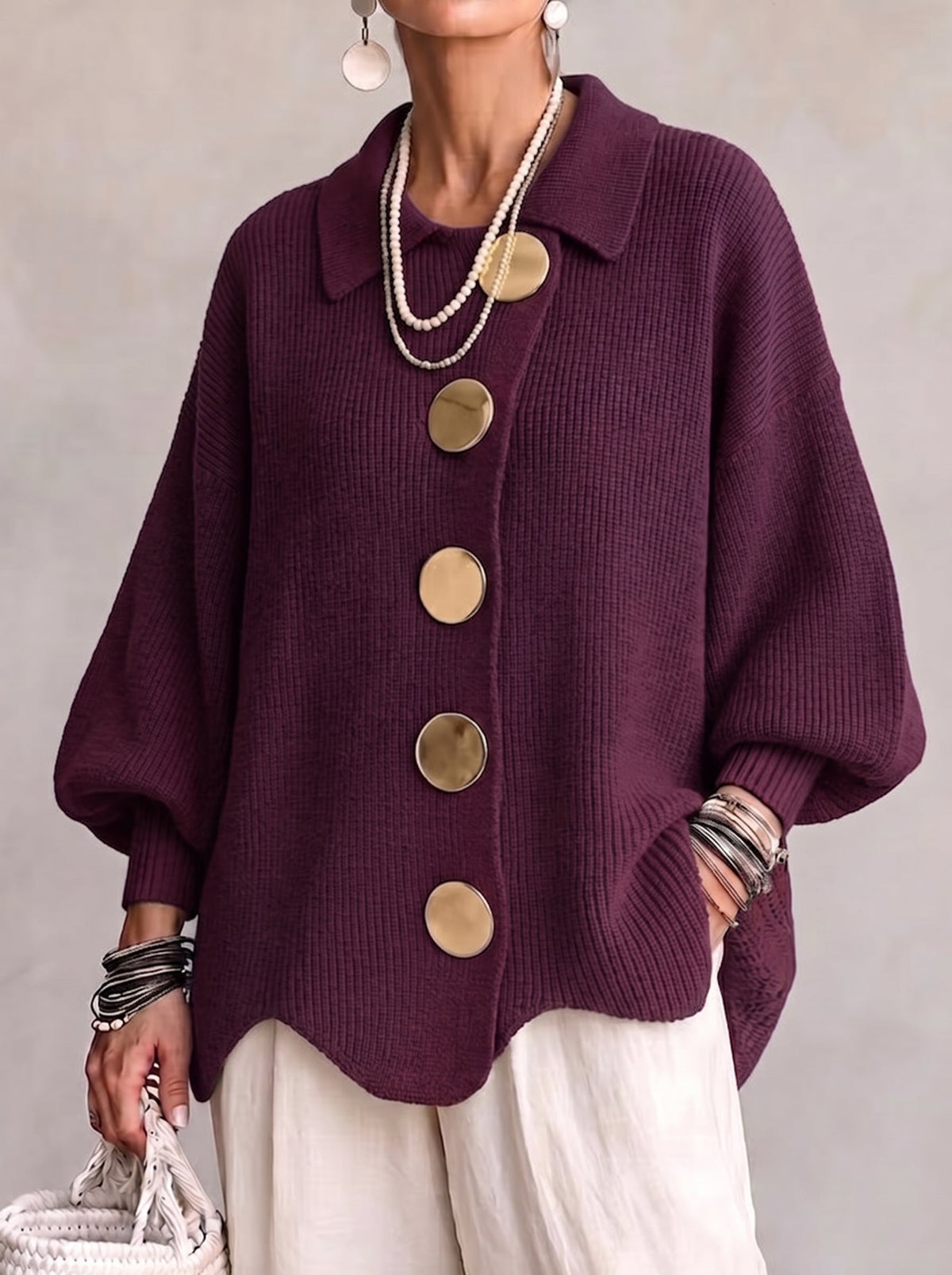 Ortensia | Cárdigan oversize elegante con botones dorados