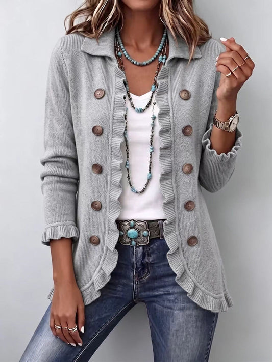 Angelina | Chaqueta de punto gris jaspeado con elegantes volantes