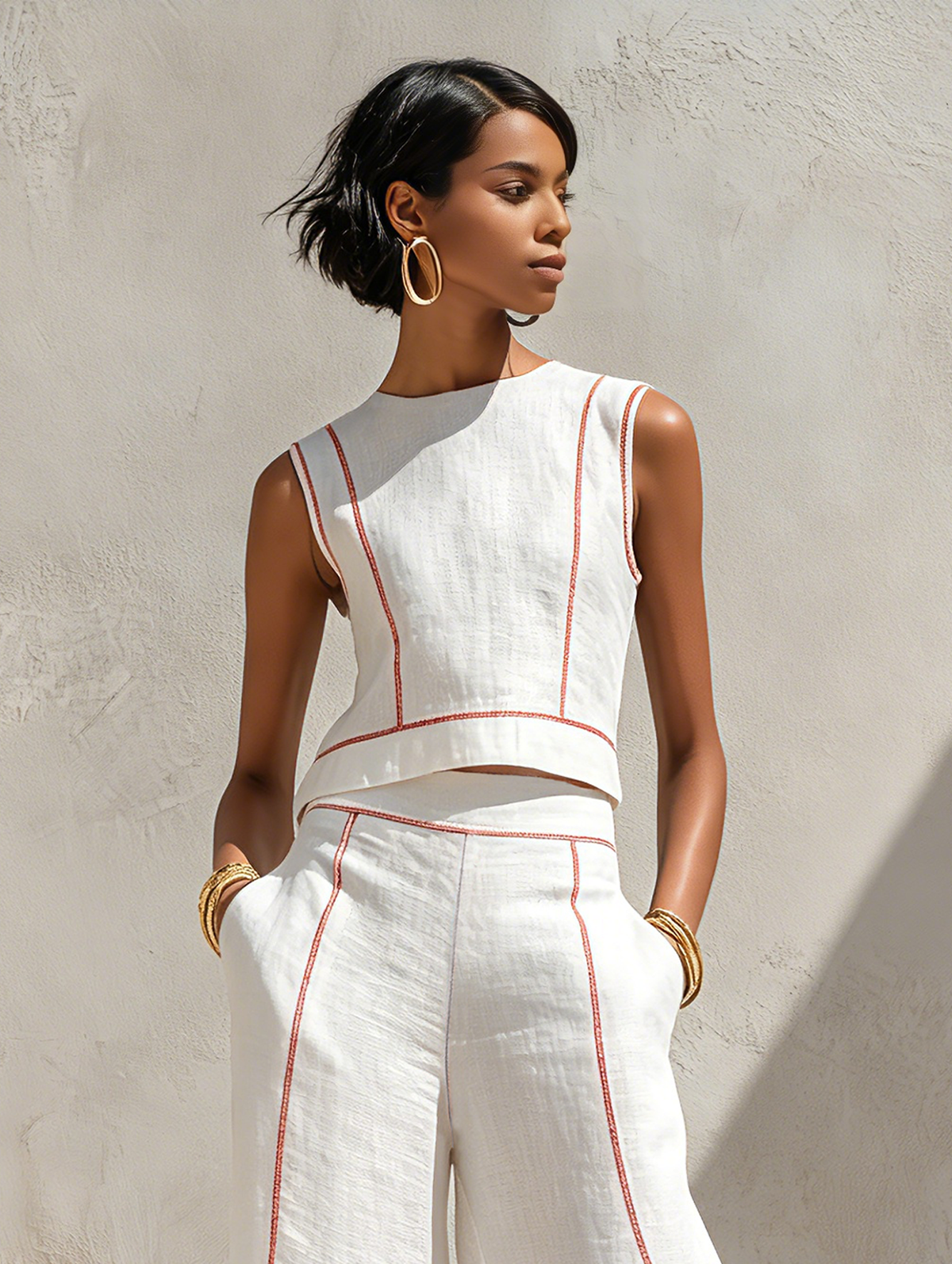 Nicoletta | Conjunto de lino con elegantes costuras en contraste