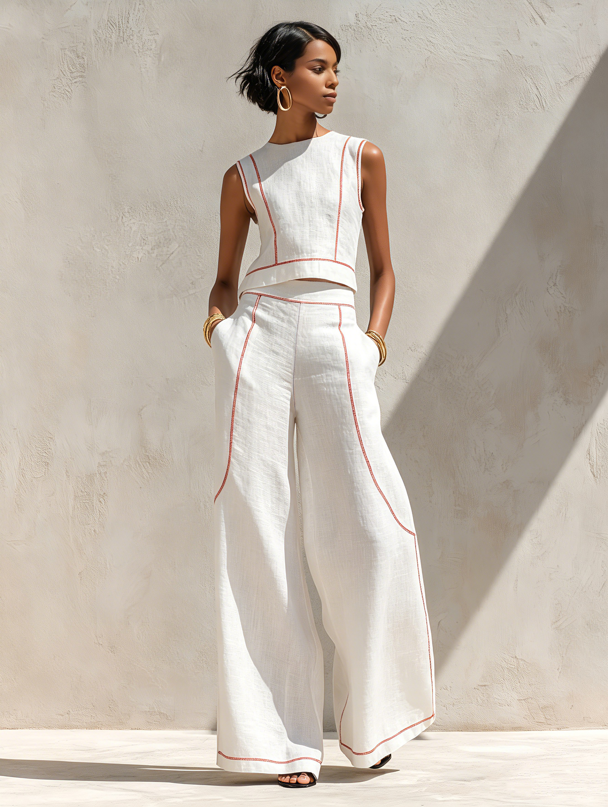 Nicoletta | Conjunto de lino con elegantes costuras en contraste