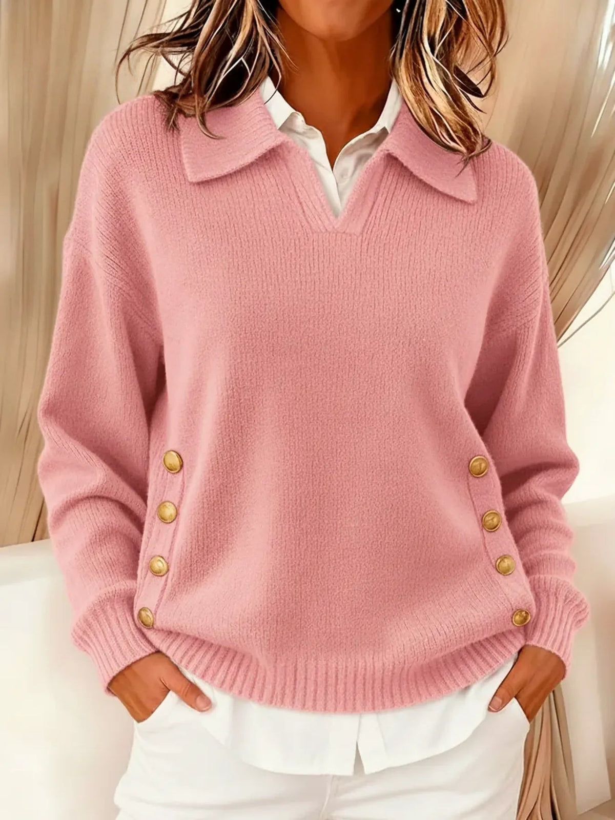 Erminia | Suéter elegante con cuello polo y botones ajustables