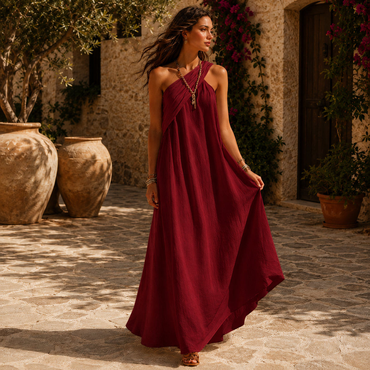 Vera | Elegante vestido largo cruzado de estilo mediterráneo