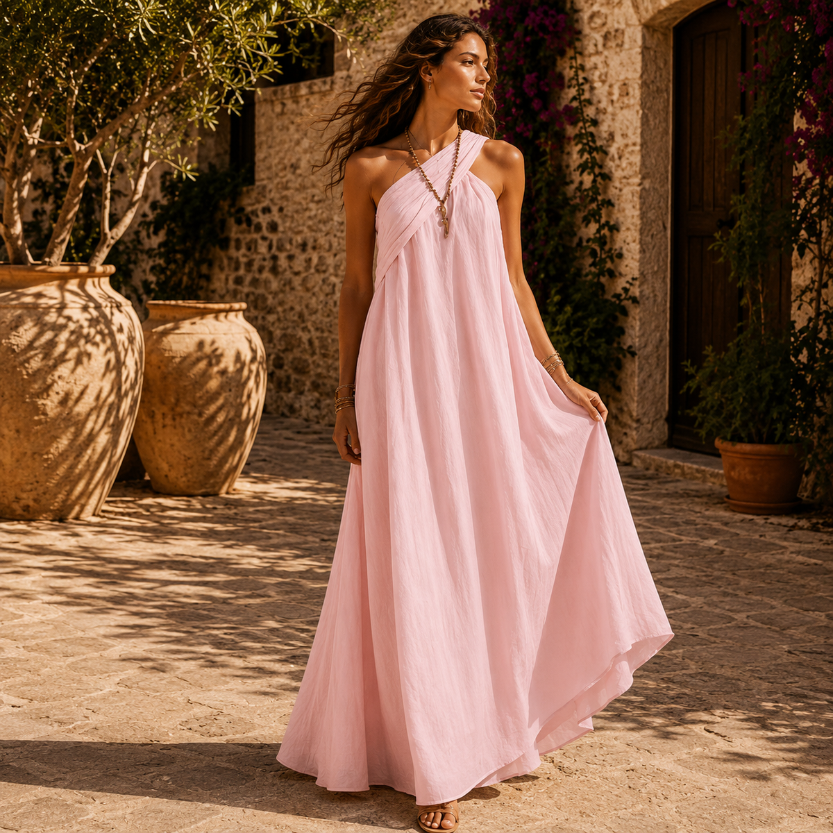 Vera | Elegante vestido largo cruzado de estilo mediterráneo