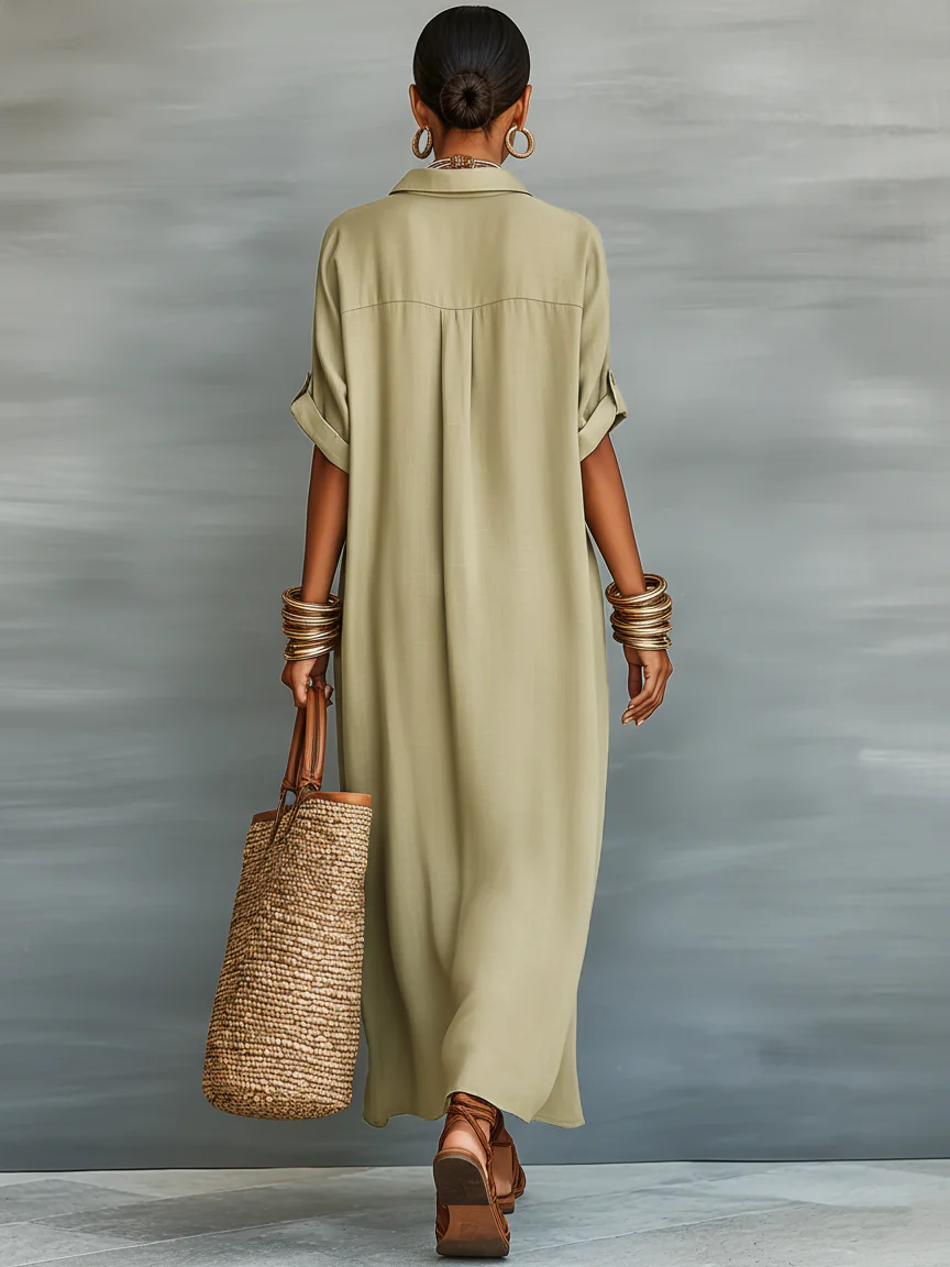 Manuela | Elegante Vestido Largo Verde Oliva de Estilo Minimalista