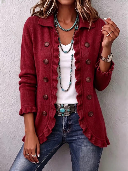 Annunziata | Elegante chaqueta de punto rojo rubí con refinados volantes