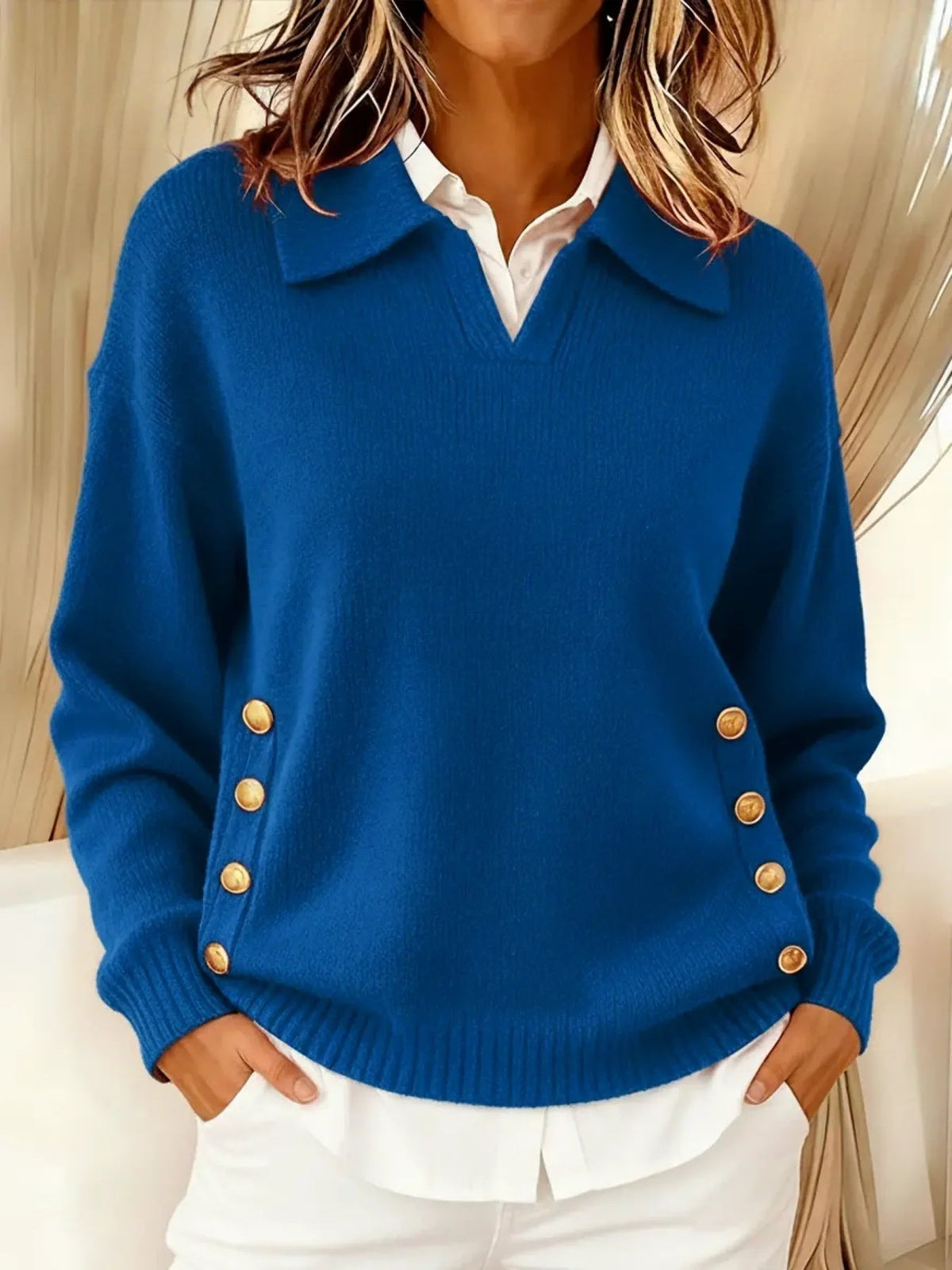 Erminia | Suéter elegante con cuello polo y botones ajustables
