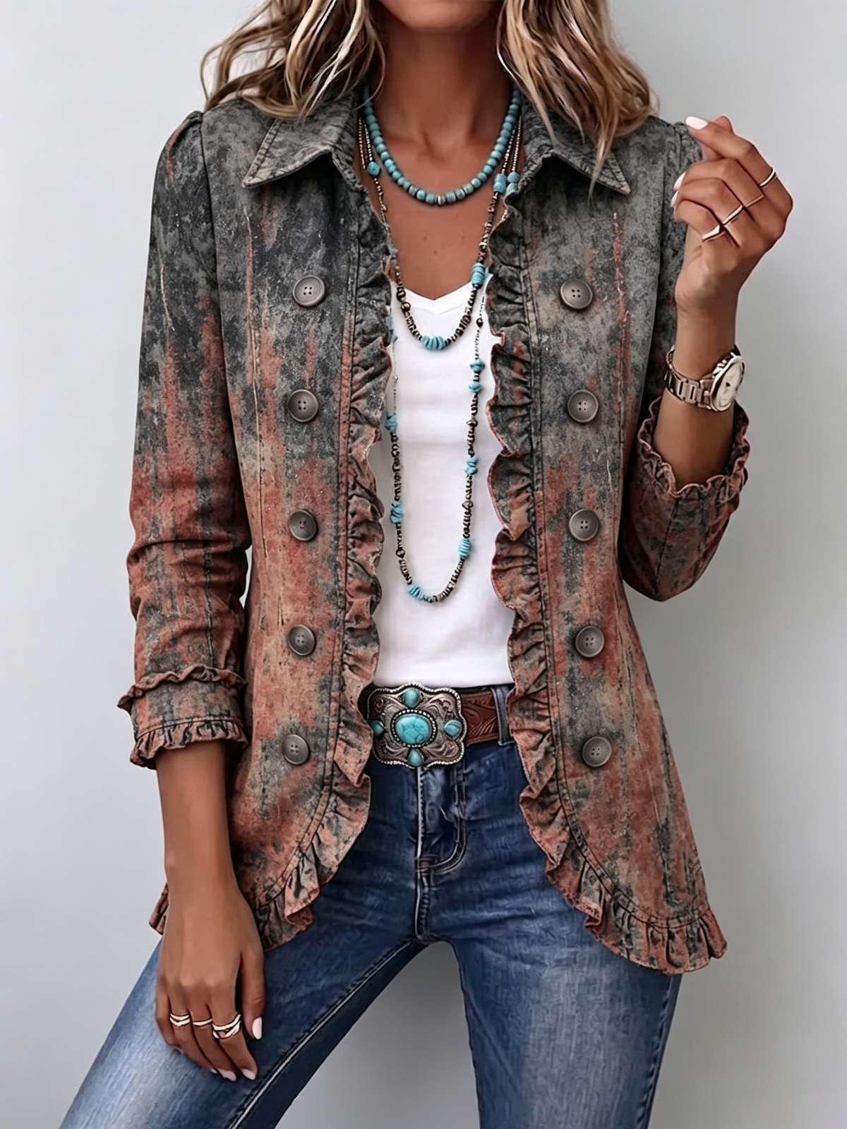 Vincenza | Elegante chaqueta texturizada con degradado y volante