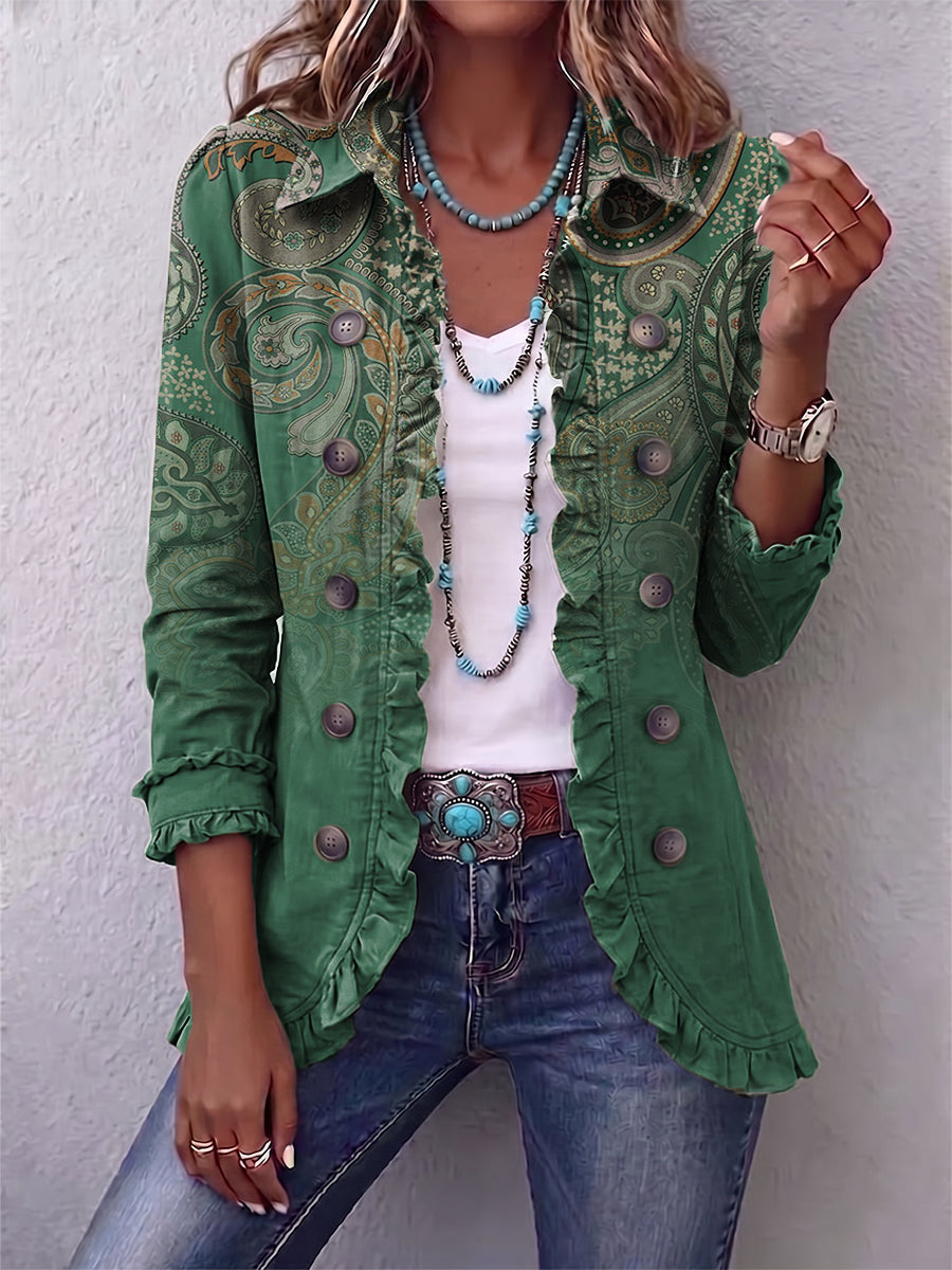 Addolorata | Elegante chaqueta verde con estampado cachemir y volantes