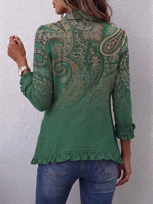 Addolorata | Elegante chaqueta verde con estampado cachemir y volantes