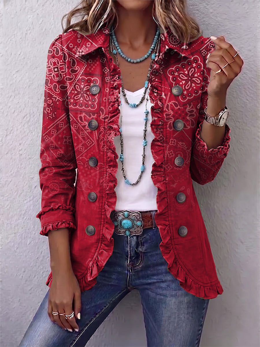 Santina | Elegante chaqueta con estampado de cachemir difuminado y sofisticados volantes
