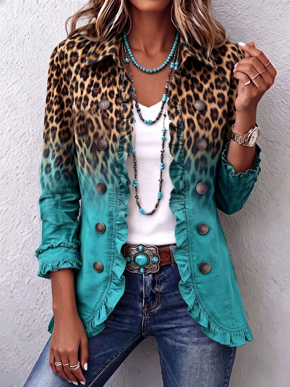Giuseppina | Blazer con estampado de leopardo difuminado y elegantes volantes