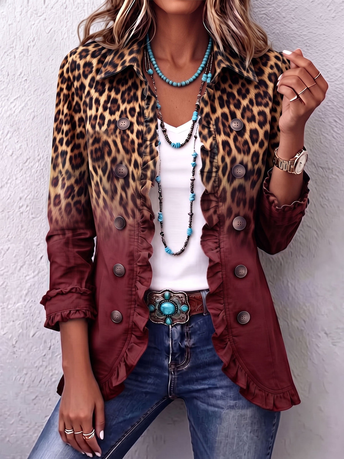 Giuseppina | Blazer con estampado de leopardo difuminado y elegantes volantes