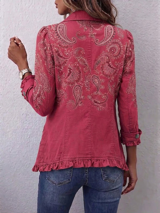 Agnese | Elegante chaqueta rosa con estampado cachemir y volantes
