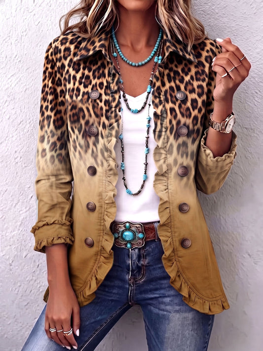 Ortensia | Elegante blazer ocre con estampado de leopardo y volante