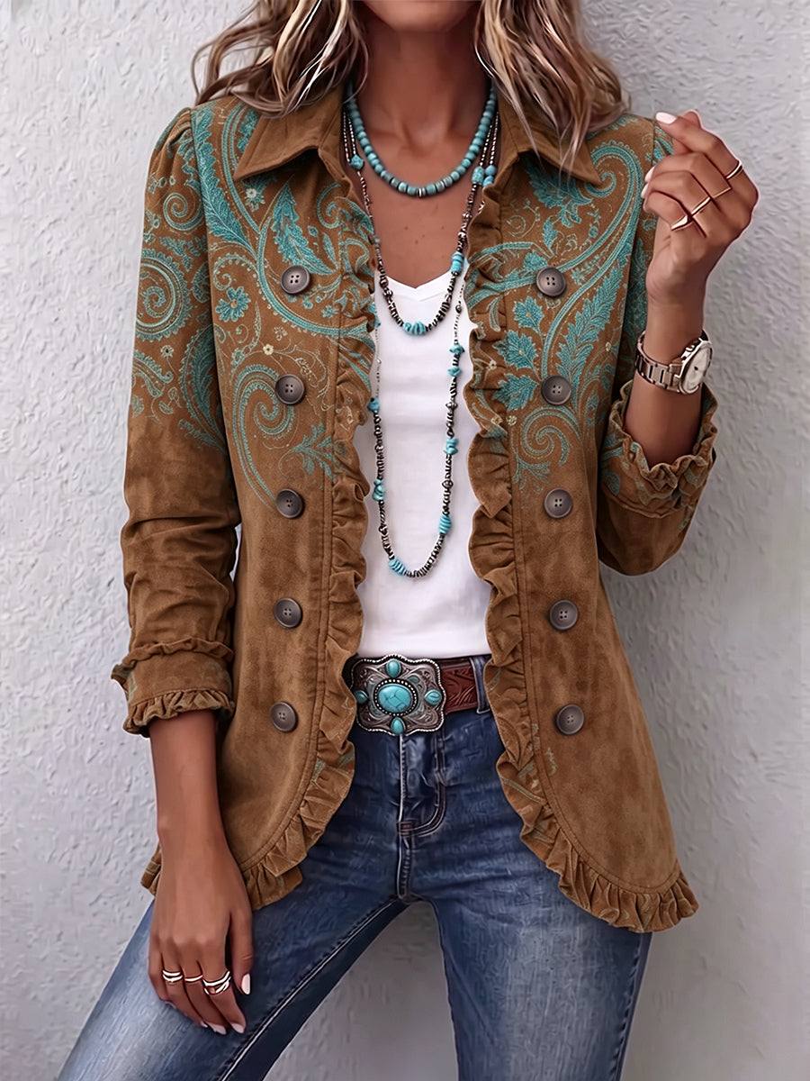 Clelia | Elegante chaqueta con estampado de cachemira y sofisticados volantes