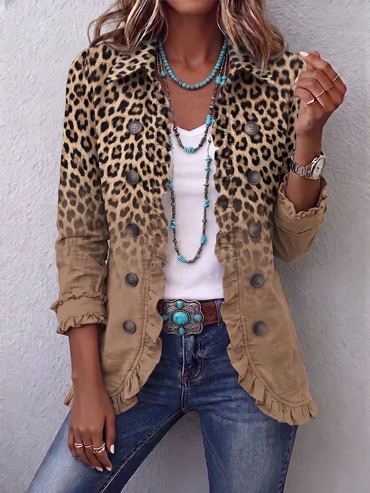 Silvana | Elegante chaqueta con estampado de leopardo degradado y volantes, moda con estampado de leopardo degradado y volantes
