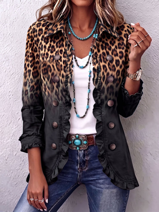 Erminia | Blazer negro con estampado de leopardo y volante