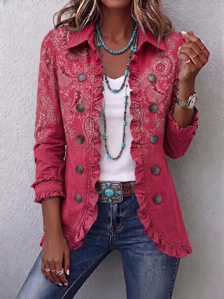Agnese | Elegante chaqueta rosa con estampado cachemir y volantes