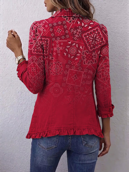 Santina | Elegante chaqueta con estampado de cachemir difuminado y sofisticados volantes