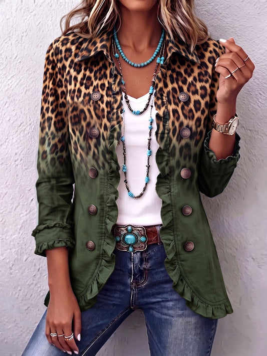 Nunzia | Blazer verde con estampado de leopardo y volantes elegante