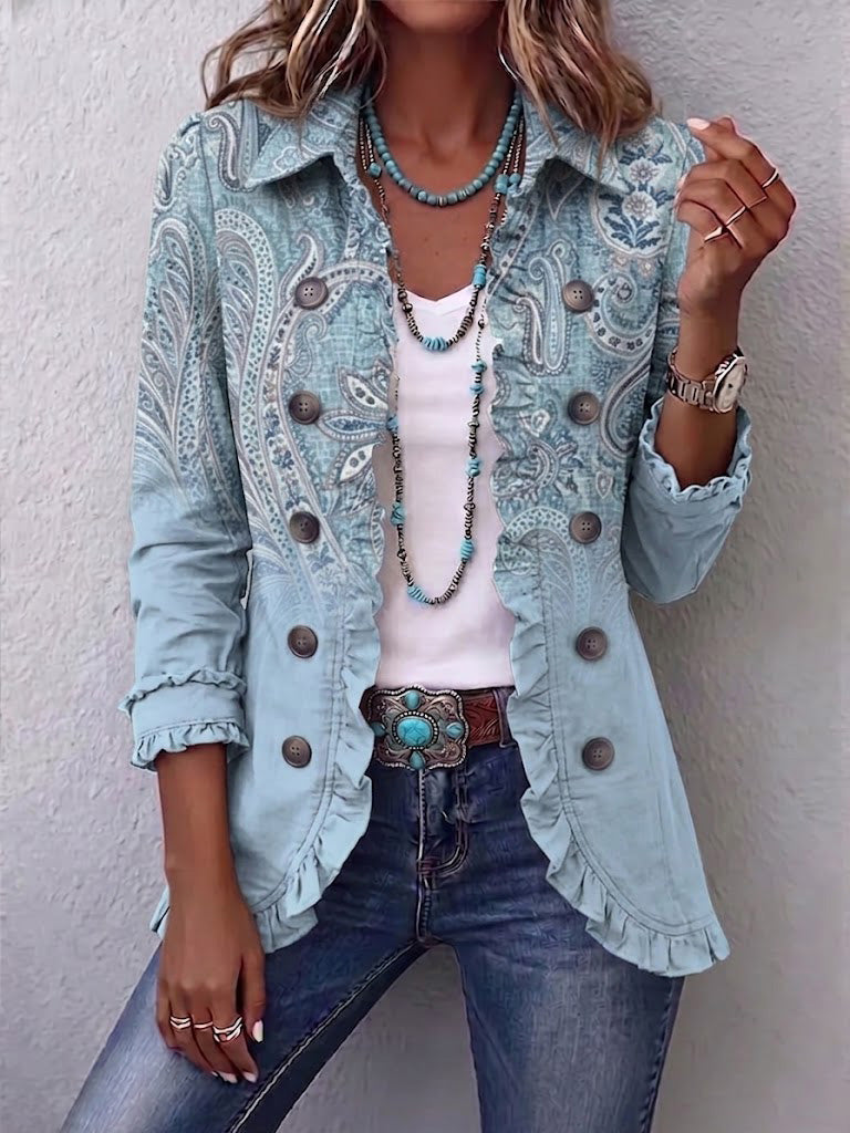 Teresina | Elegante chaqueta vintage con estampado de cachemira y volantes